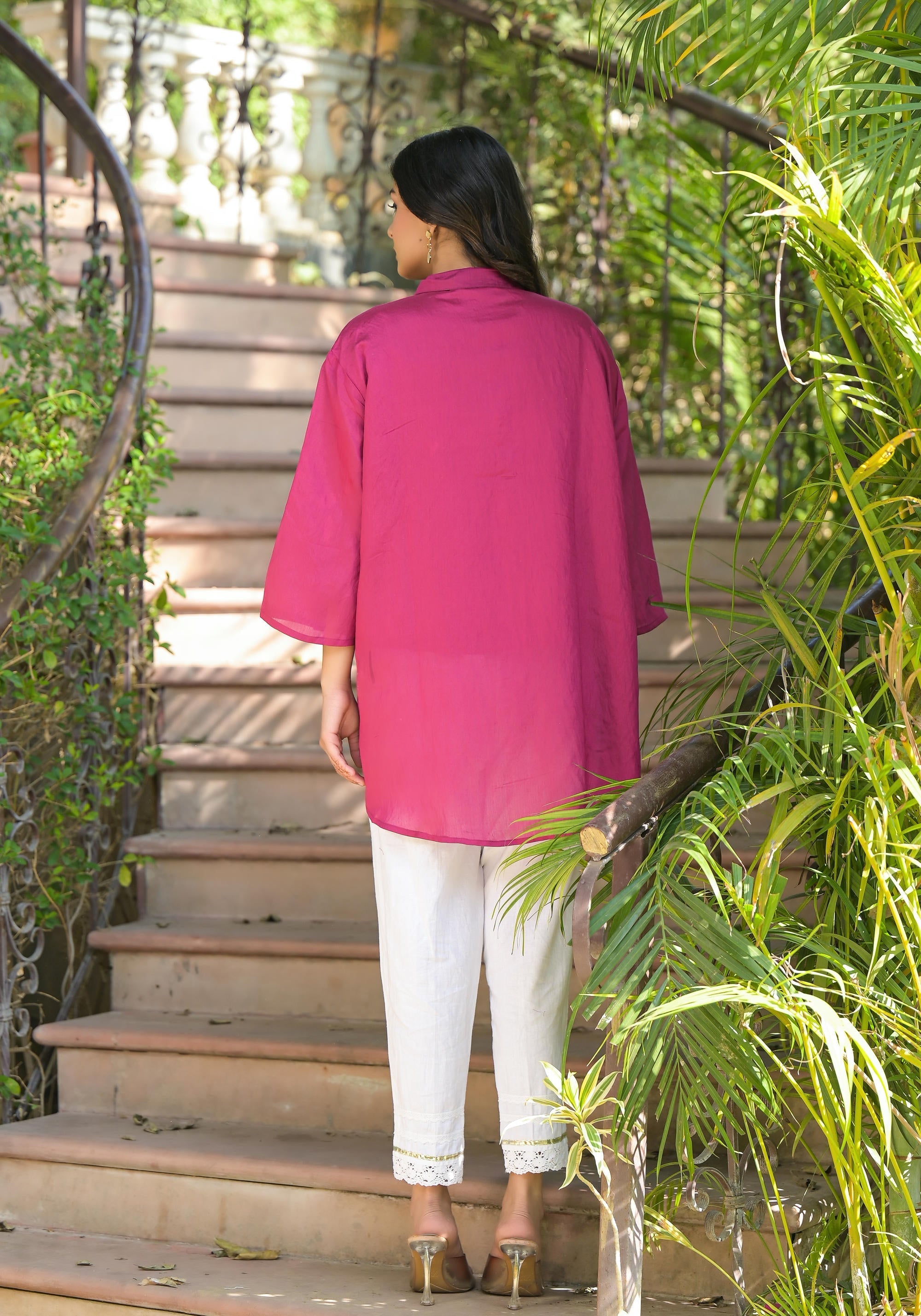 Fuchsia Thread Embroidered Chanderi Tunic With Button Closure | DesiQl