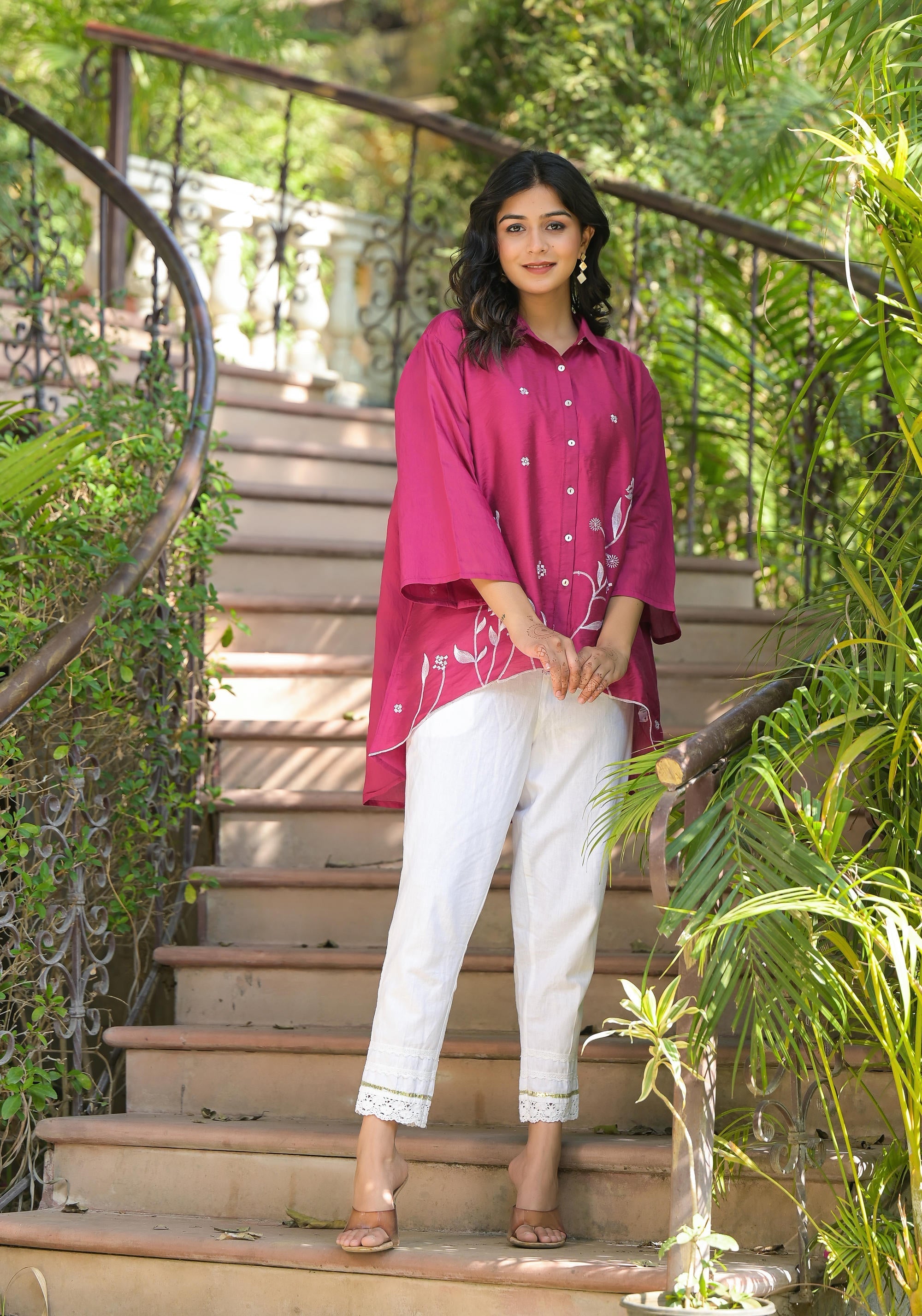Fuchsia Thread Embroidered Chanderi Tunic With Button Closure | DesiQl