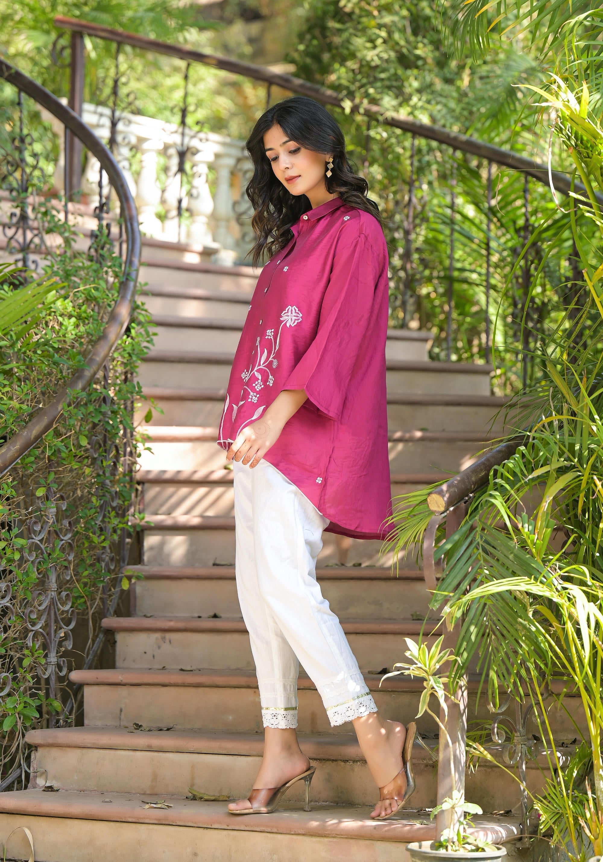 Fuchsia Thread Embroidered Chanderi Tunic With Button Closure | DesiQl