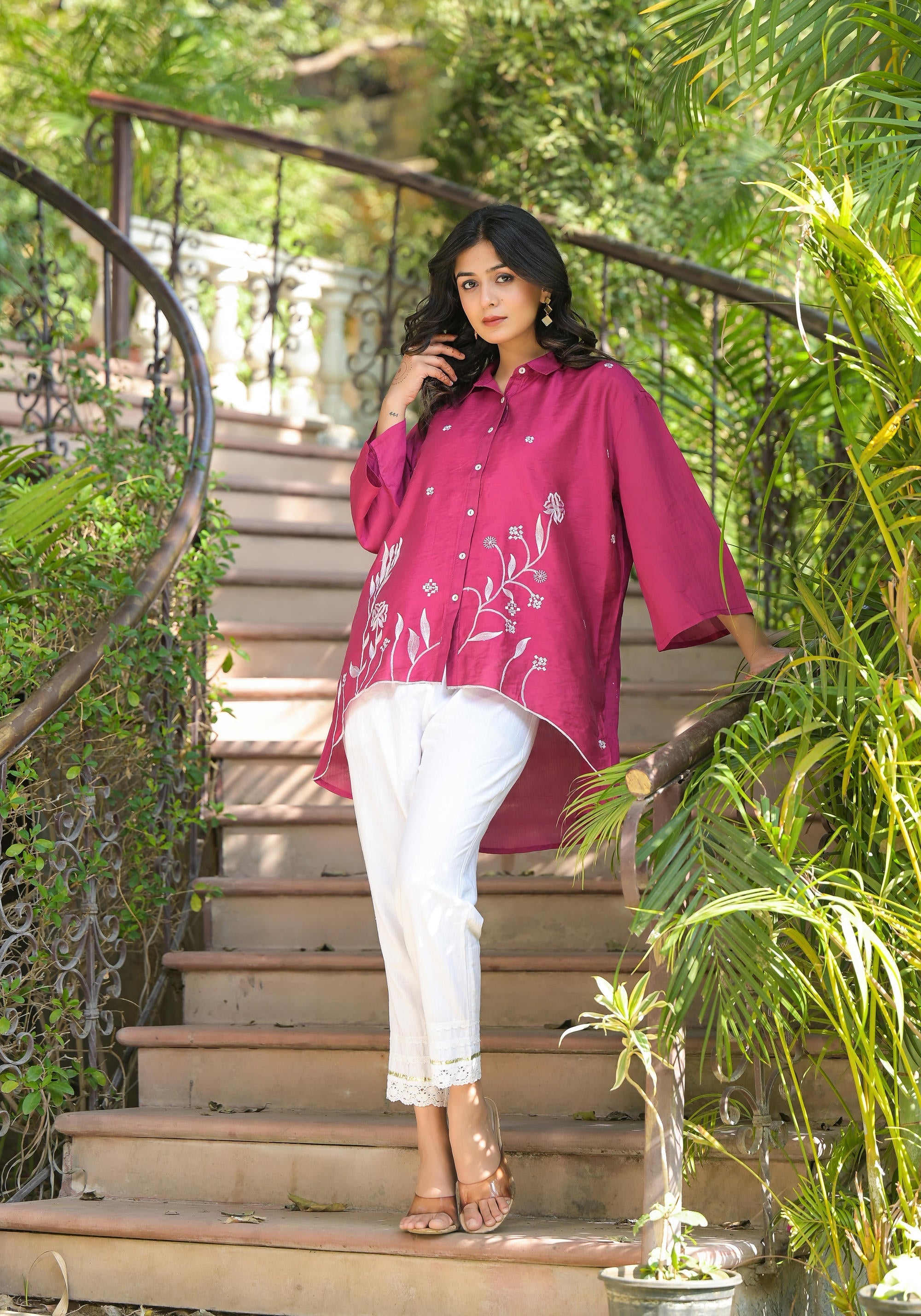 Fuchsia Thread Embroidered Chanderi Tunic With Button Closure | DesiQl