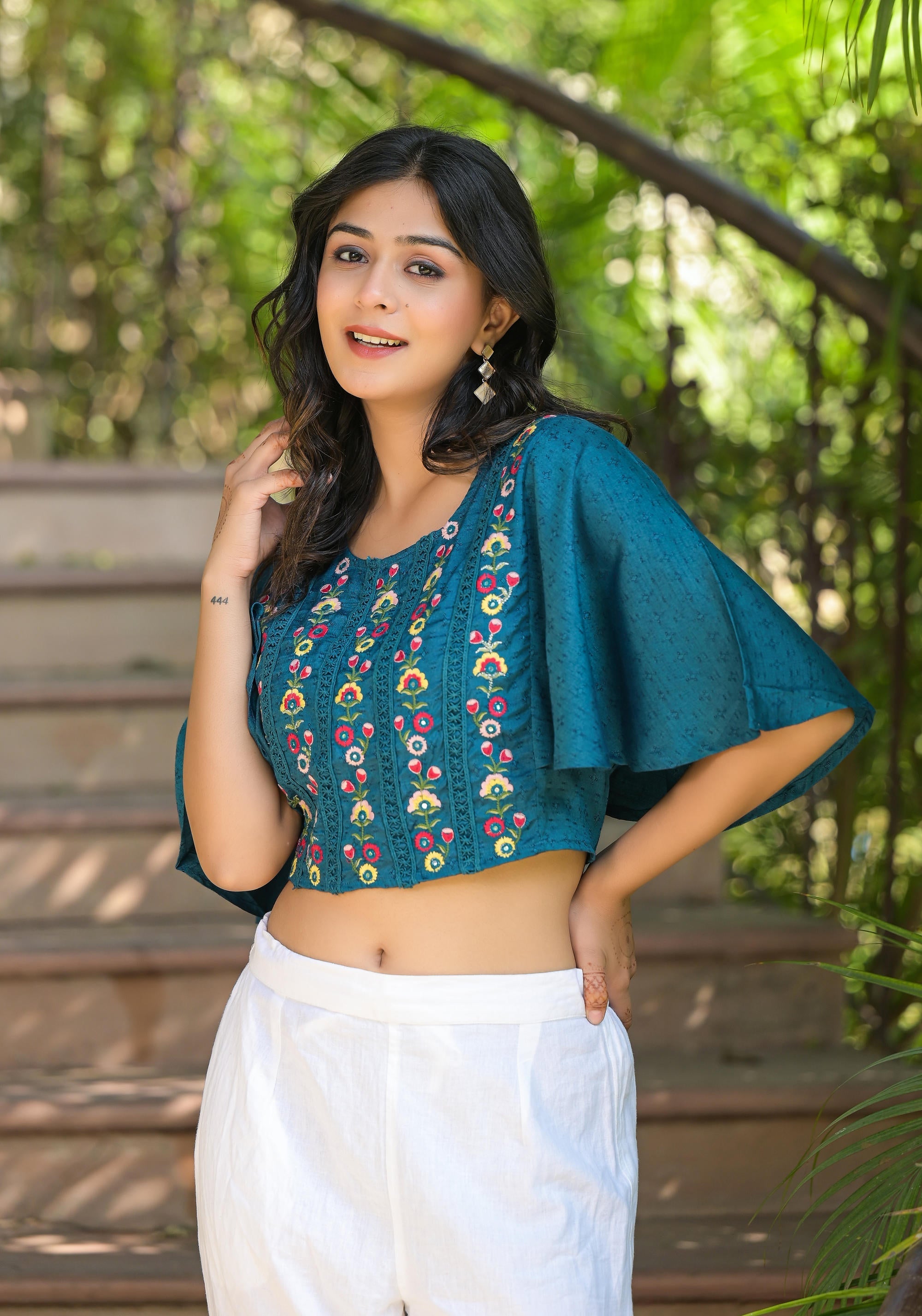 Blue Thread Embroidered Liva Rayon Top With Mirror Work | DesiQlo