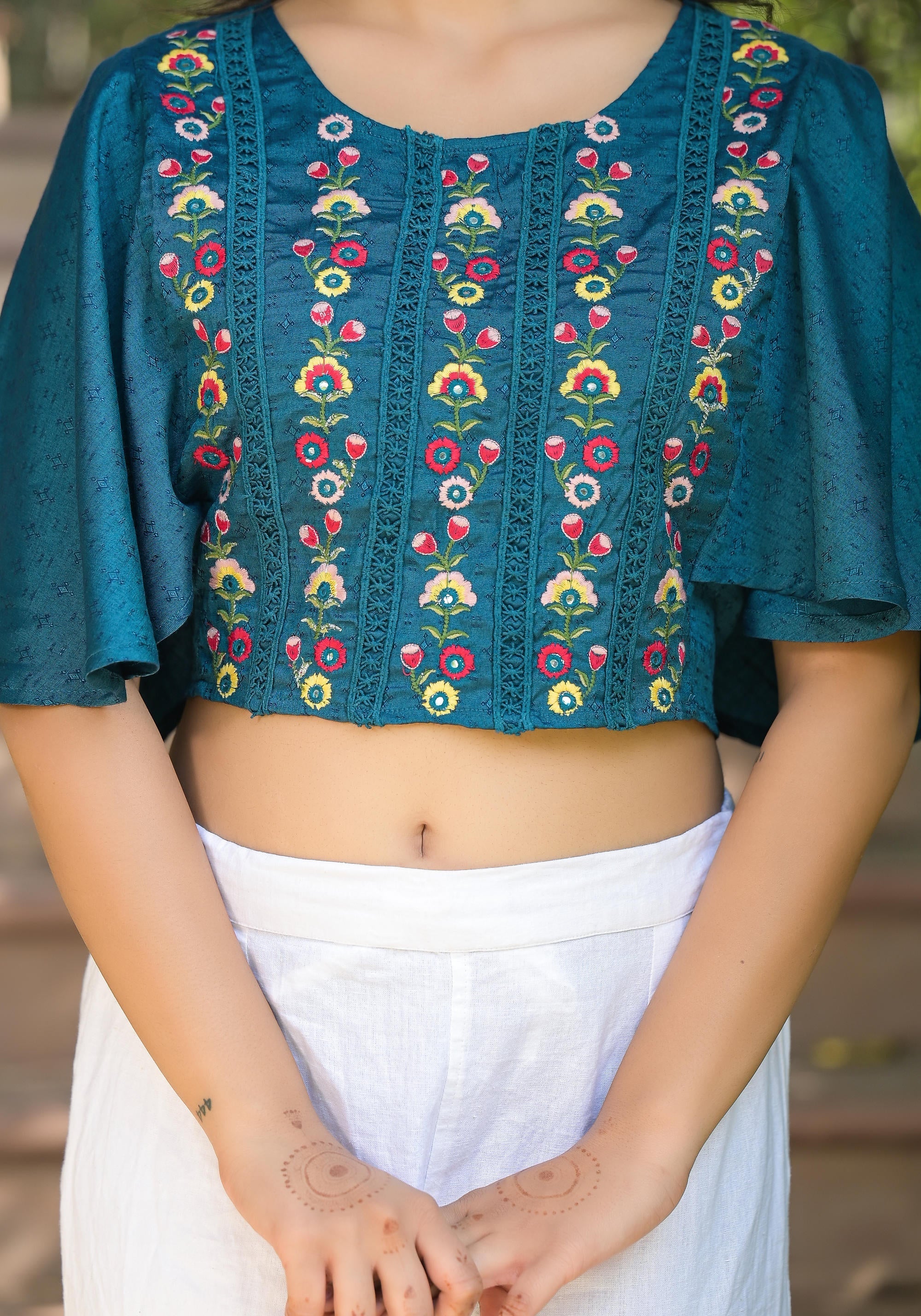 Blue Thread Embroidered Liva Rayon Top With Mirror Work | DesiQlo