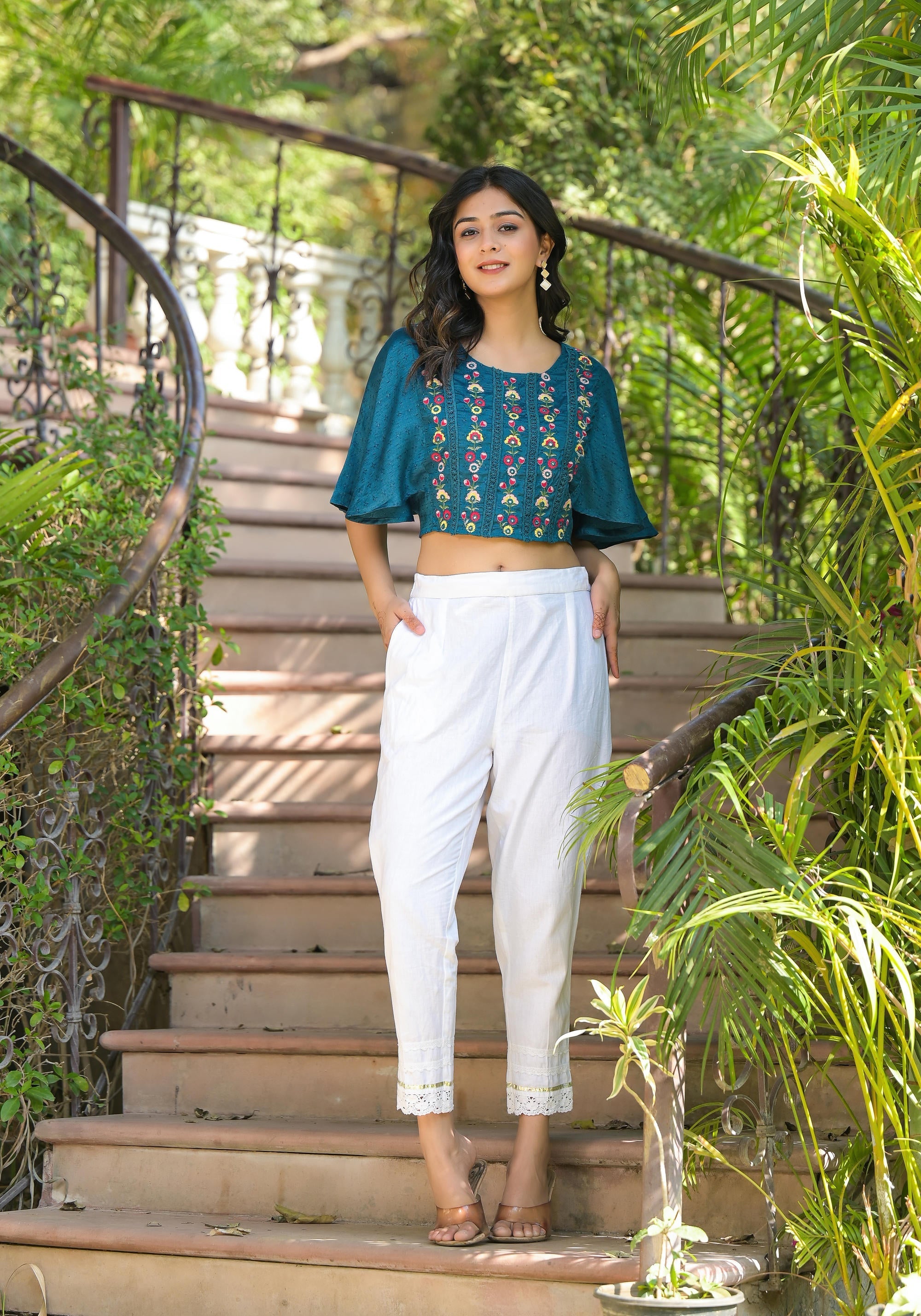 Blue Thread Embroidered Liva Rayon Top With Mirror Work | DesiQlo