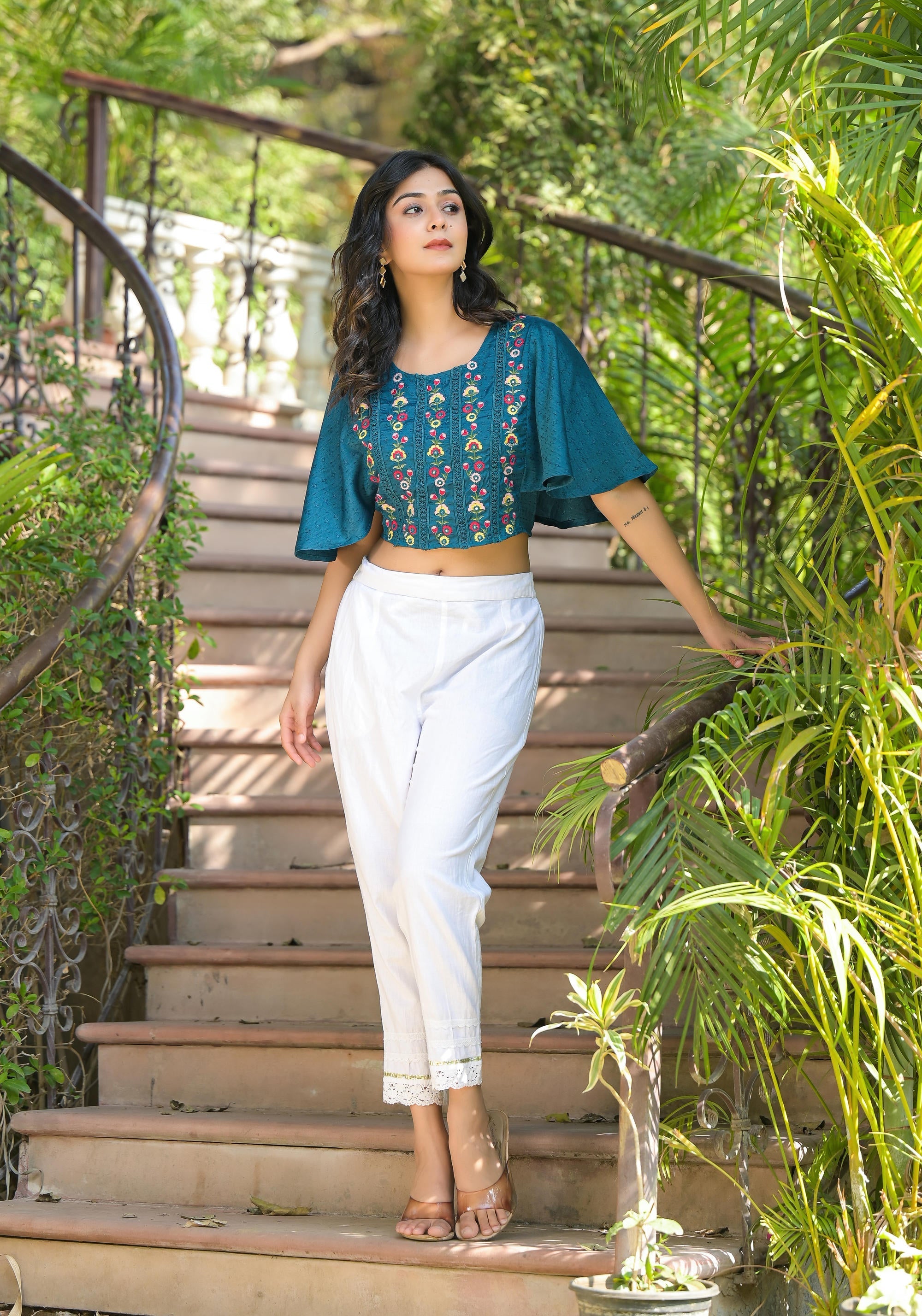 Blue Thread Embroidered Liva Rayon Top With Mirror Work | DesiQlo