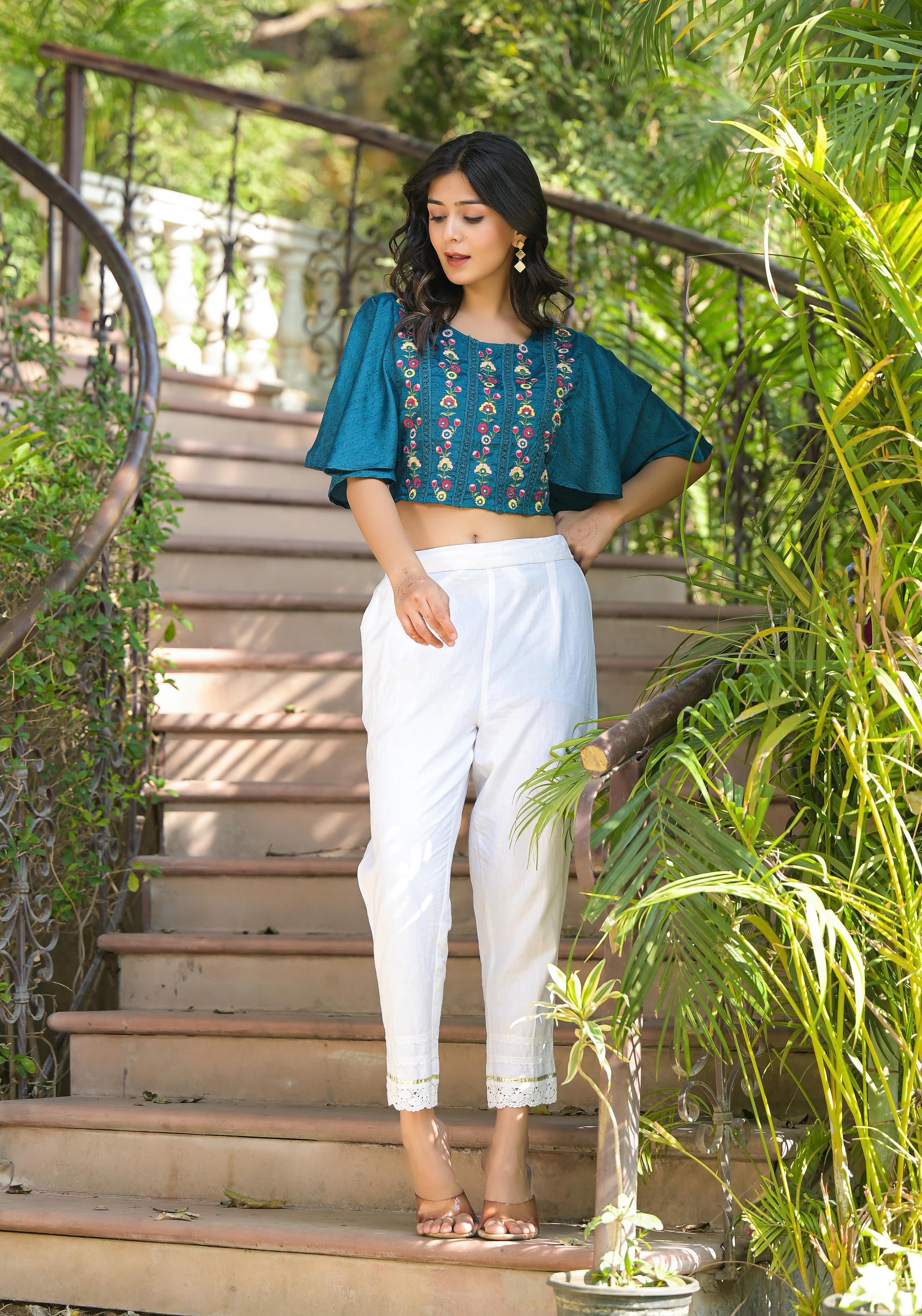 Blue Thread Embroidered Liva Rayon Top With Mirror Work | DesiQlo