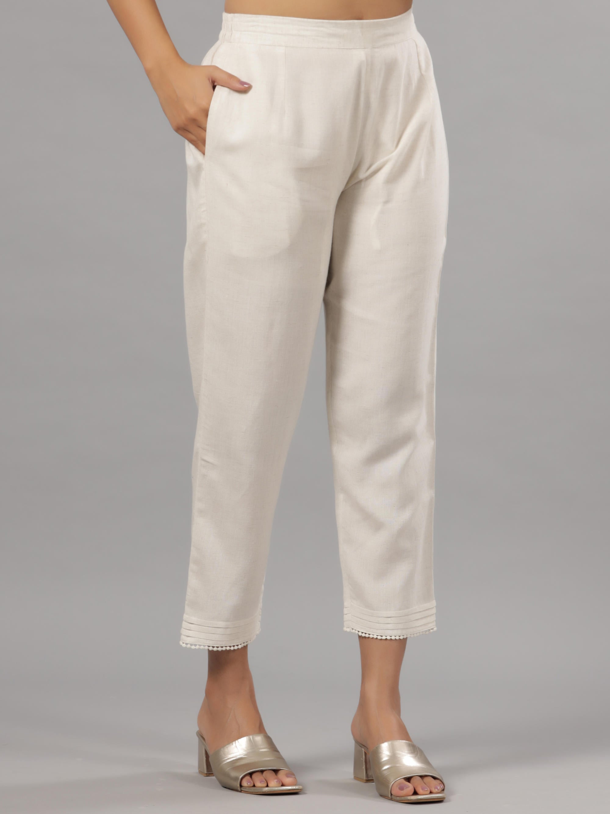 Natural Solid Liva Rayon Pant With Lace | DesiQlo