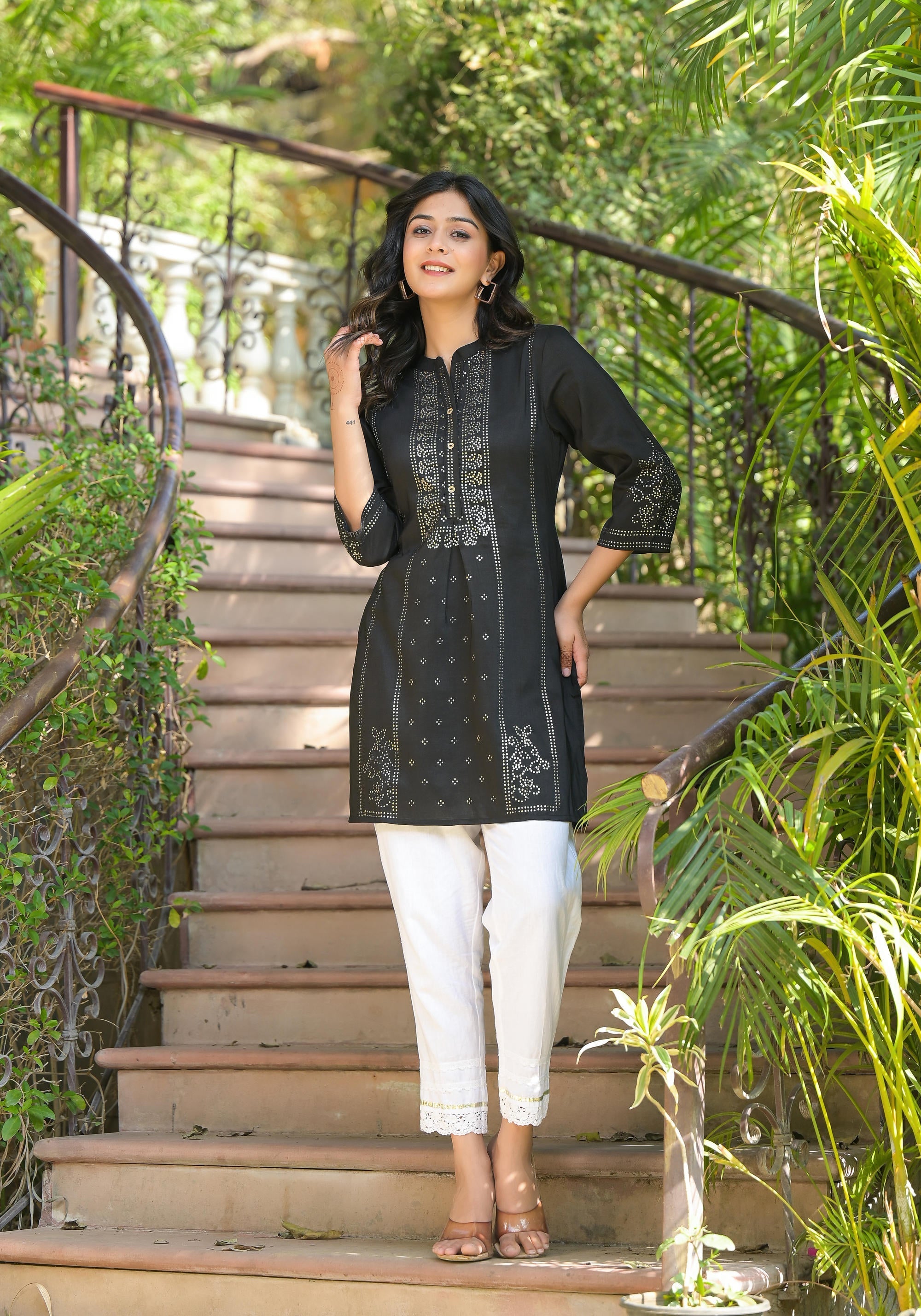 Black Ethnic Motif Printed Silk Tunic With Buttons | DesiQlo