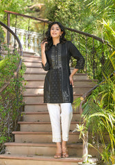 Black Ethnic Motif Printed Silk Tunic With Buttons