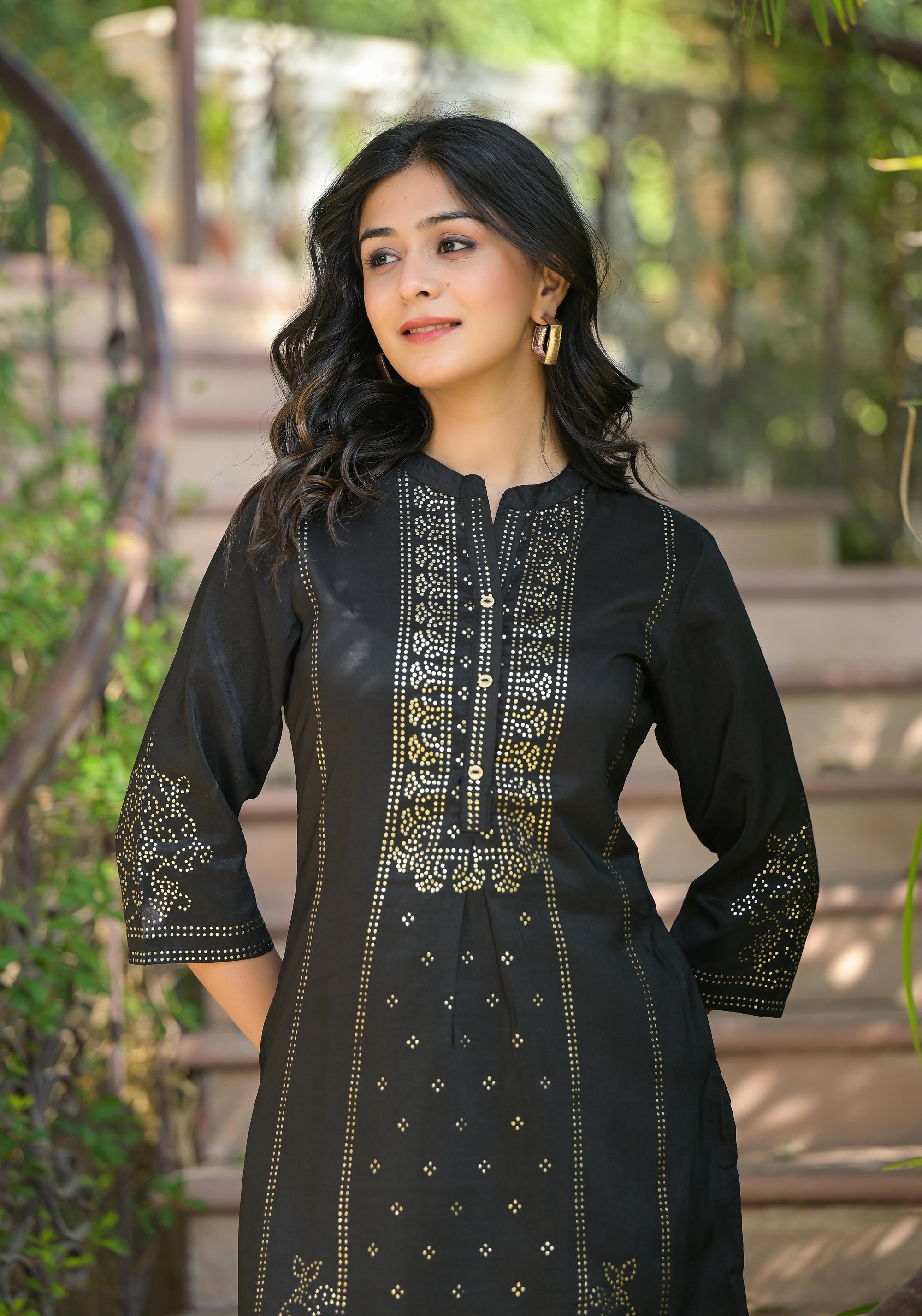 Black Ethnic Motif Printed Silk Tunic With Buttons | DesiQlo