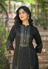 Black Ethnic Motif Printed Silk Tunic With Buttons