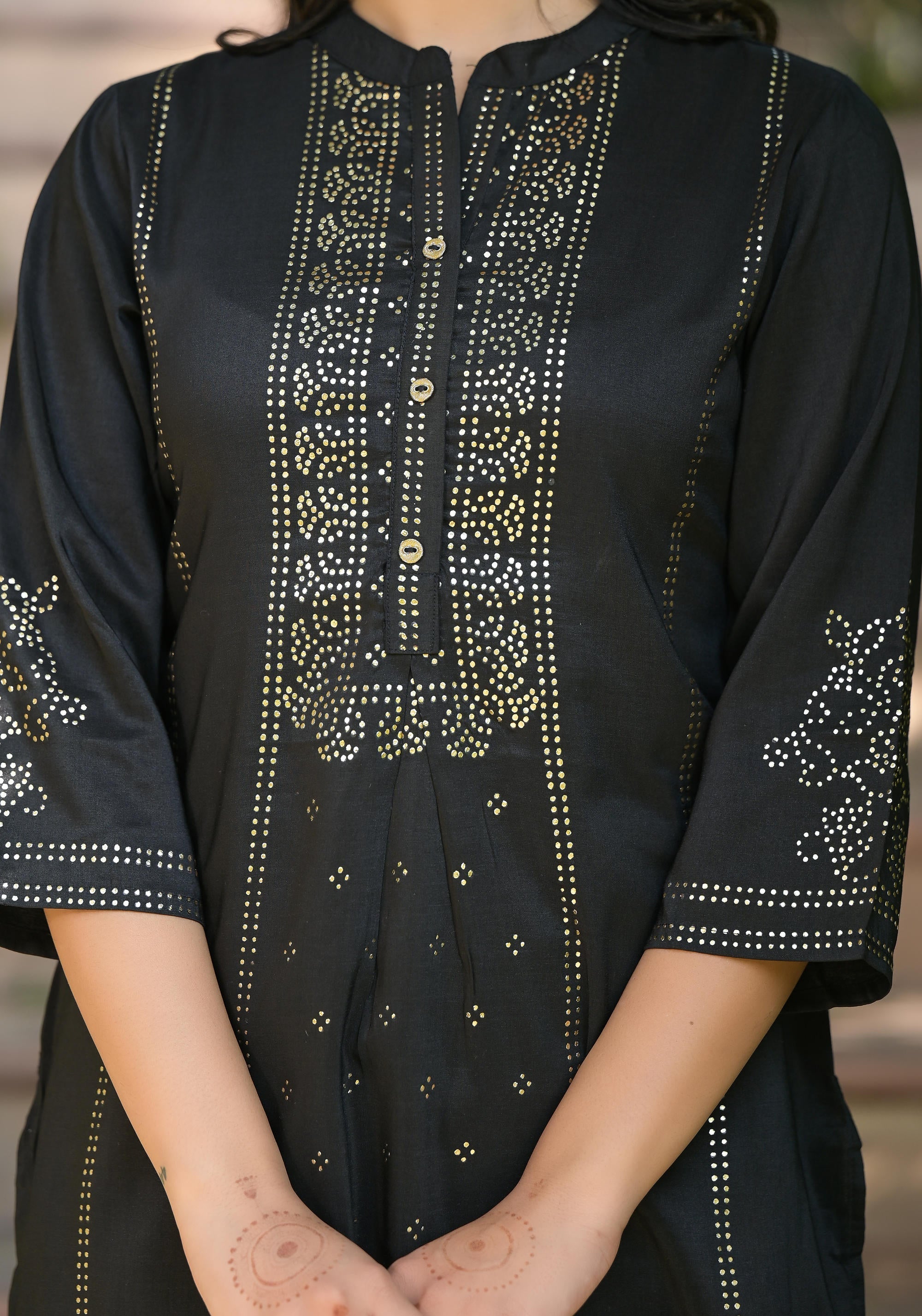 Black Ethnic Motif Printed Silk Tunic With Buttons | DesiQlo