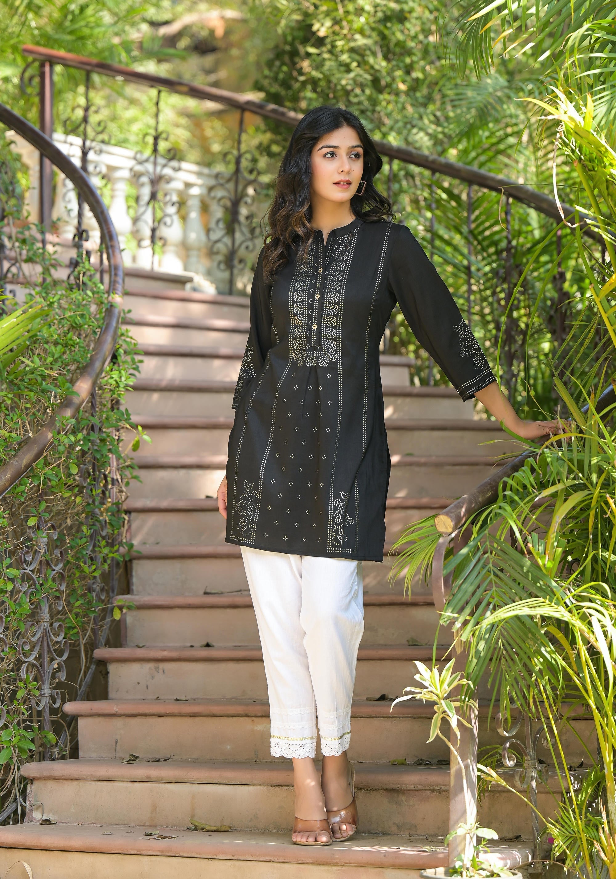 Black Ethnic Motif Printed Silk Tunic With Buttons | DesiQlo