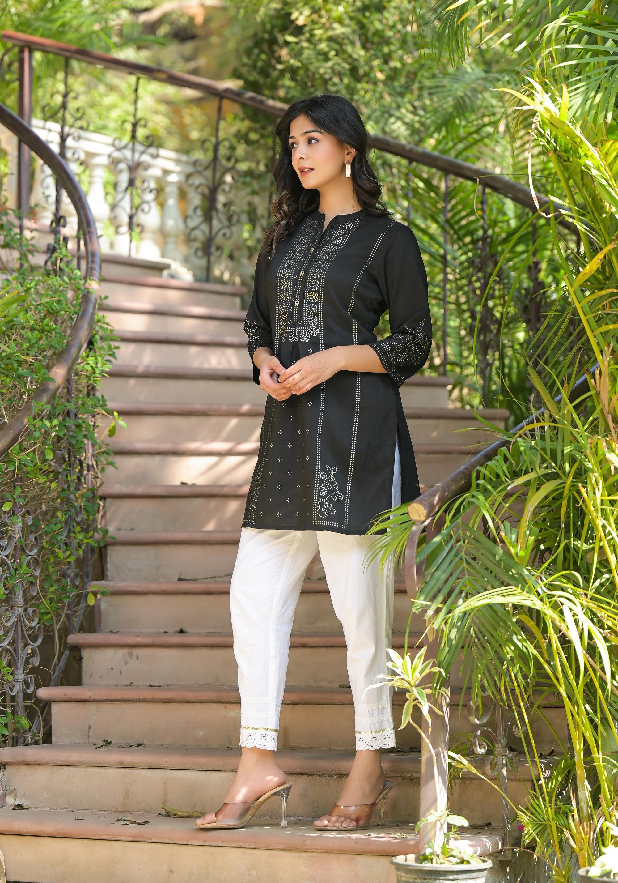 Black Ethnic Motif Printed Silk Tunic With Buttons | DesiQlo