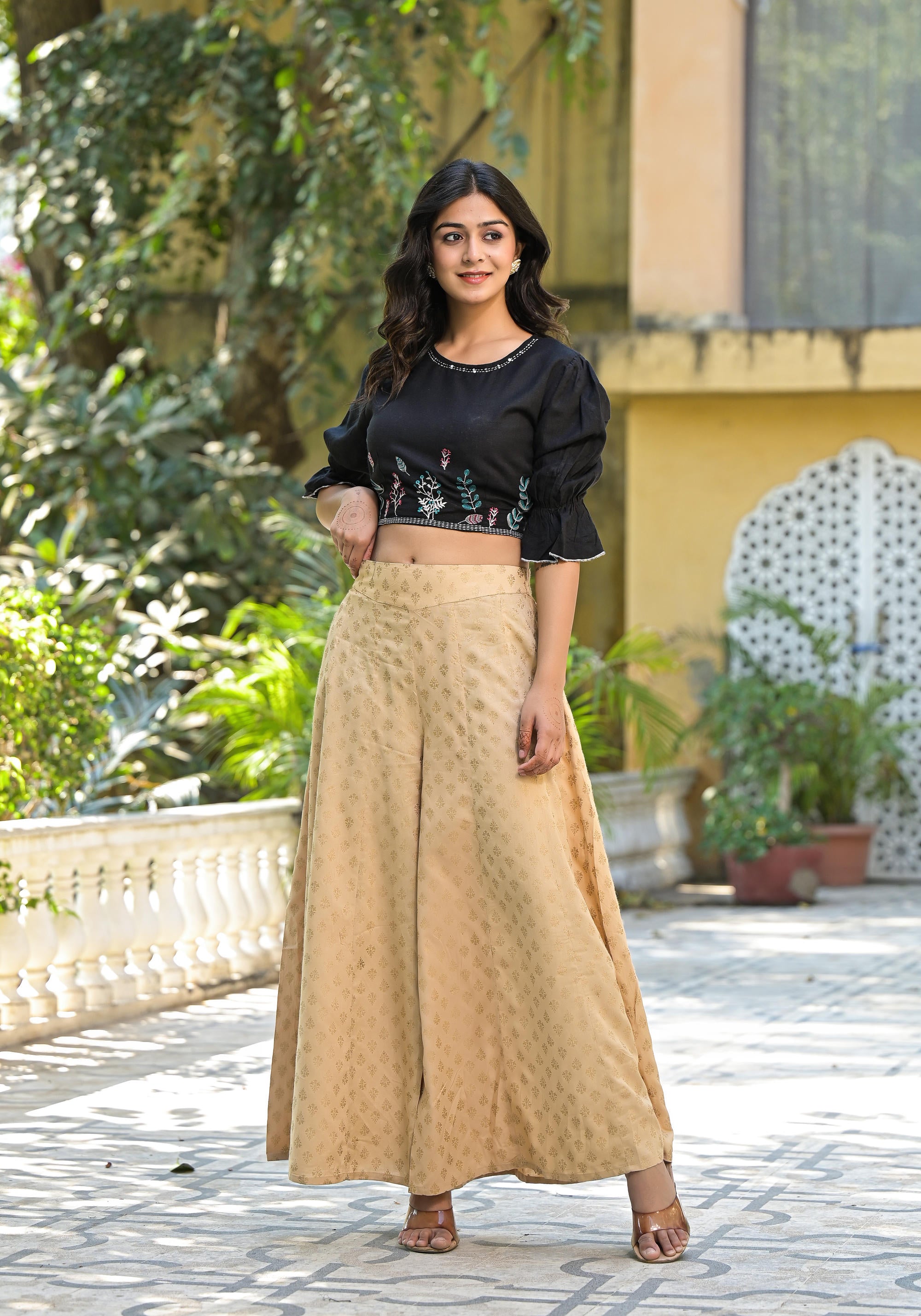 Black Floral Printed Liva Rayon Flex Crop Top With Thread Embroidery |