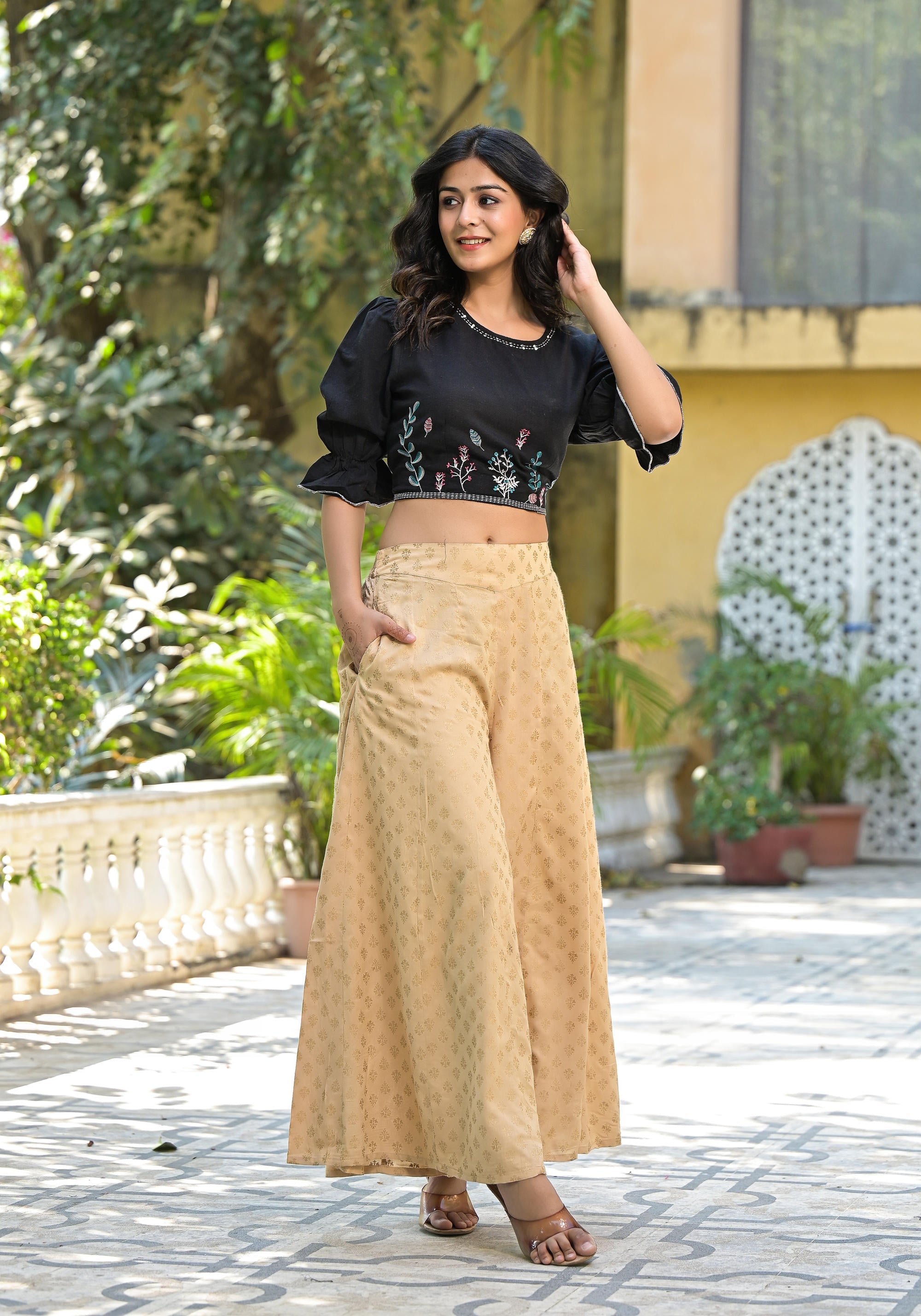 Black Floral Printed Liva Rayon Flex Crop Top With Thread Embroidery |