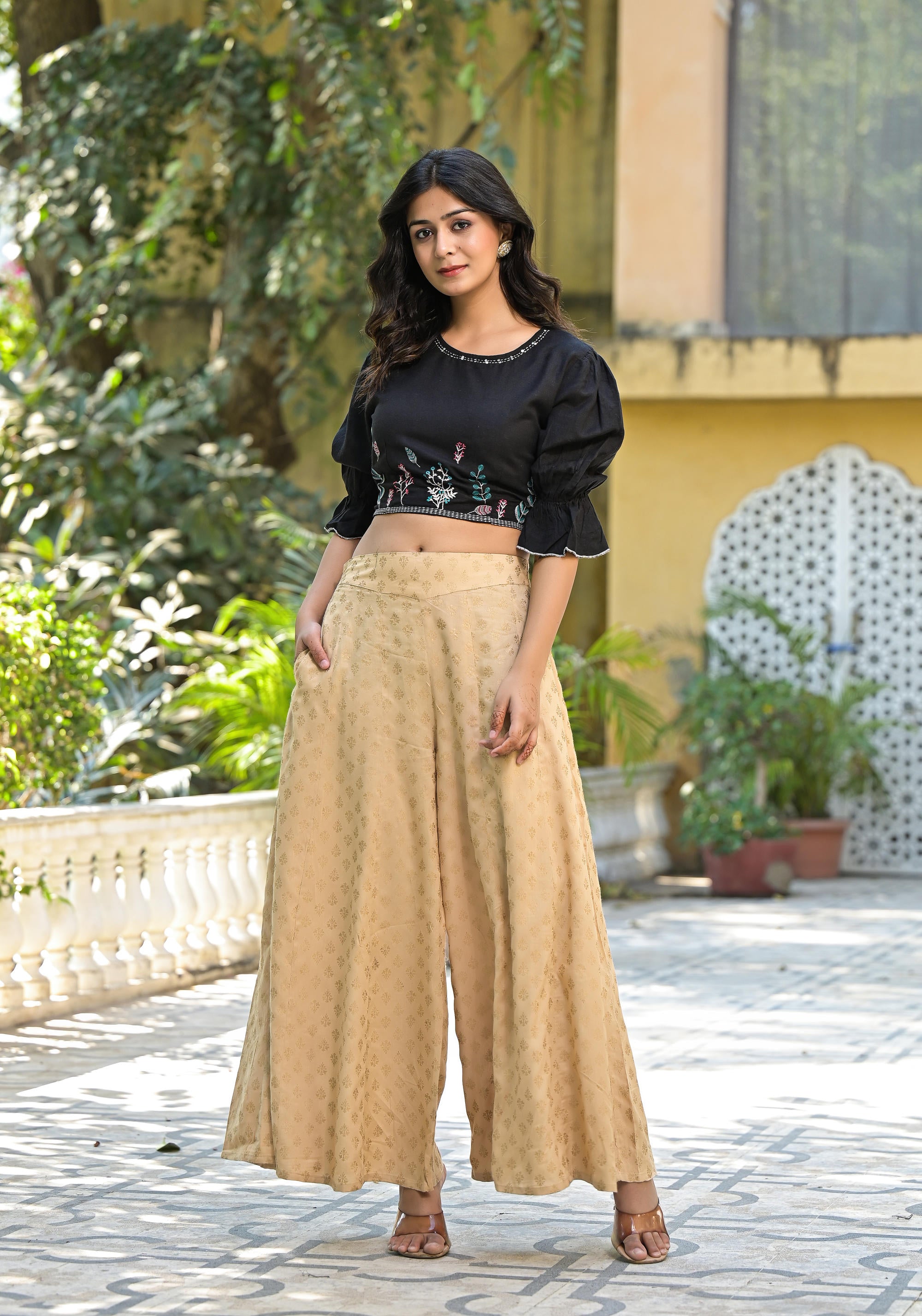 Black Floral Printed Liva Rayon Flex Crop Top With Thread Embroidery |