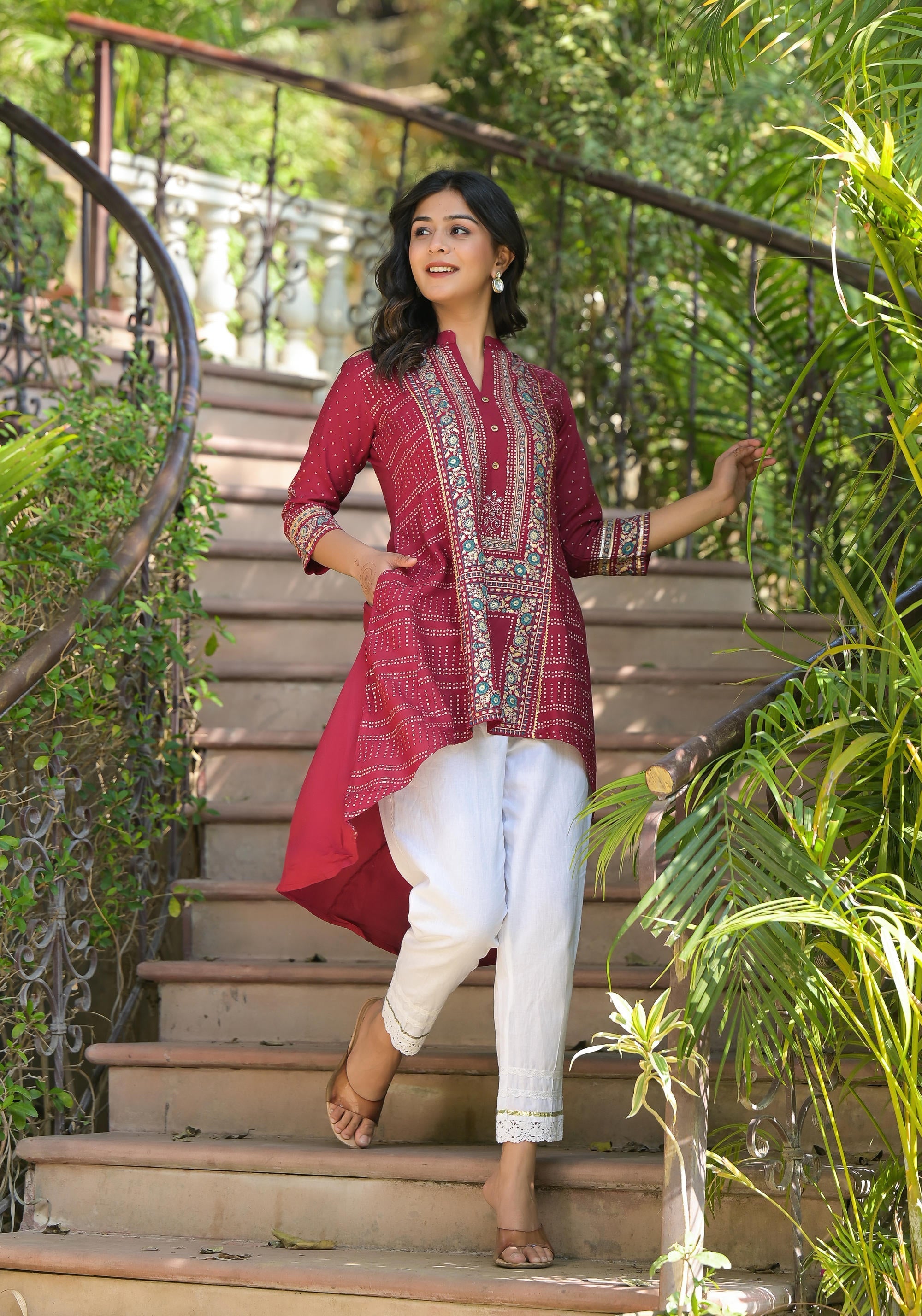 Maroon Bandhani Printed Liva Rayon Tunic With Sequins & Thread Work | 