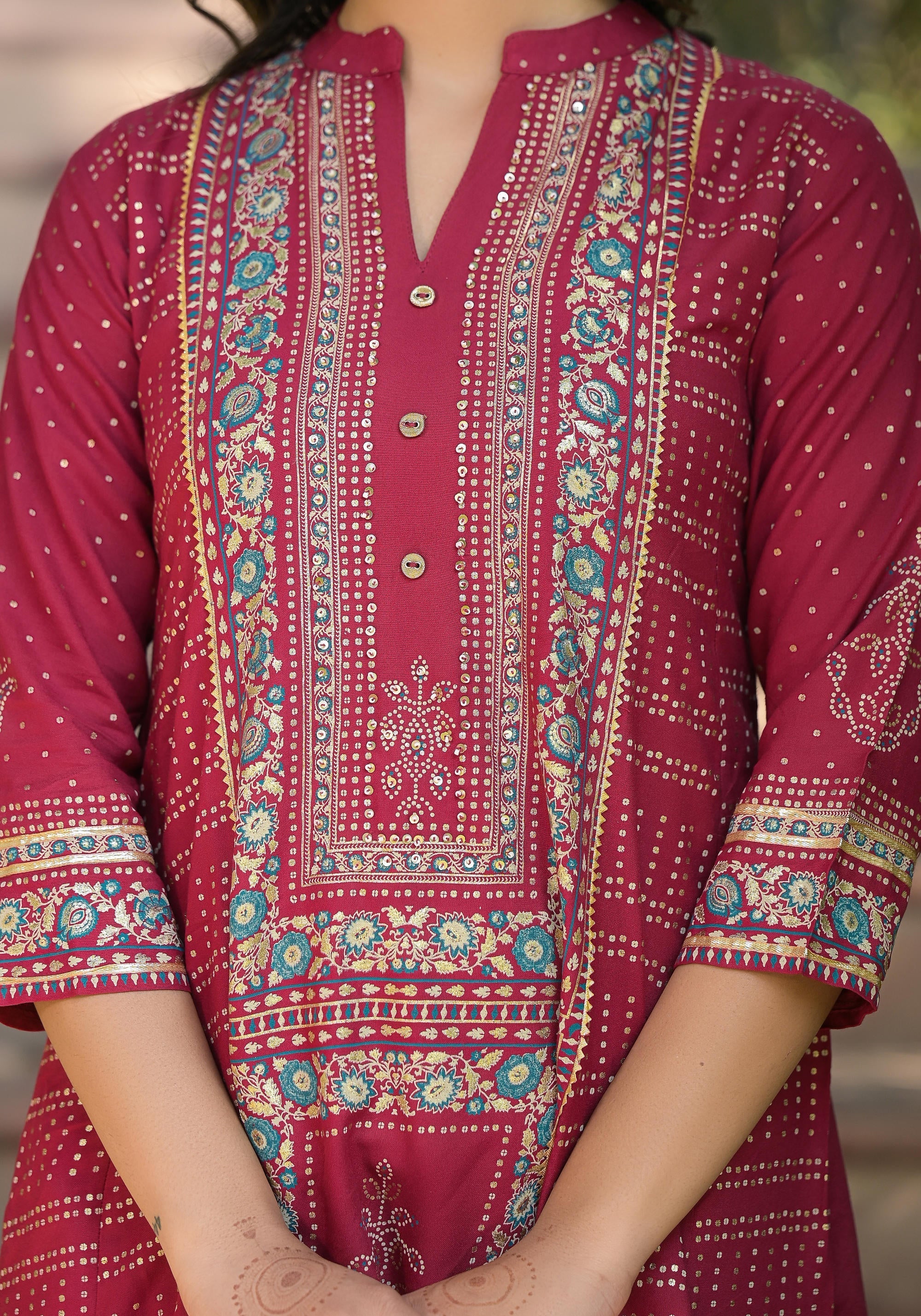 Maroon Bandhani Printed Liva Rayon Tunic With Sequins & Thread Work | 