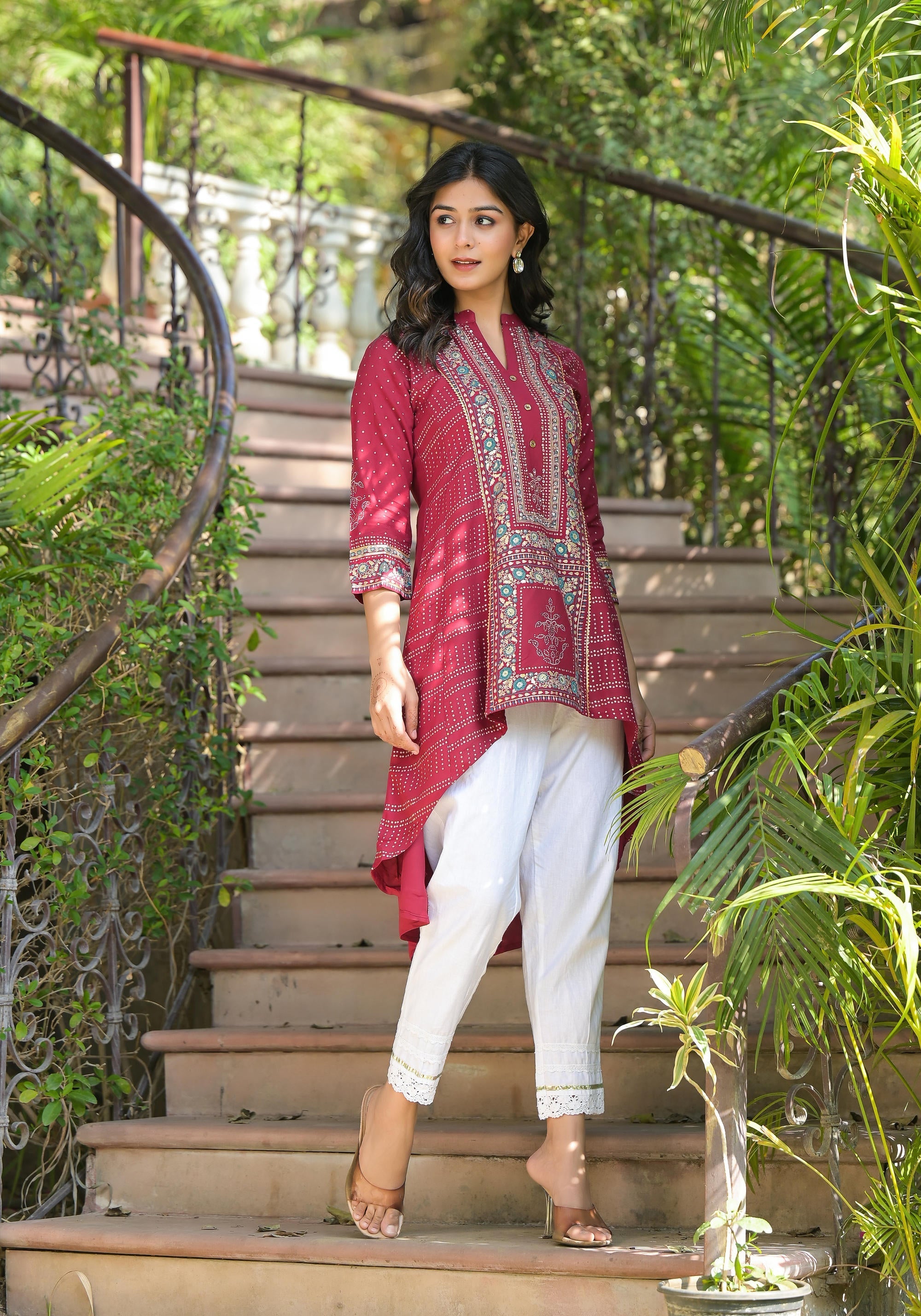 Maroon Bandhani Printed Liva Rayon Tunic With Sequins & Thread Work | 
