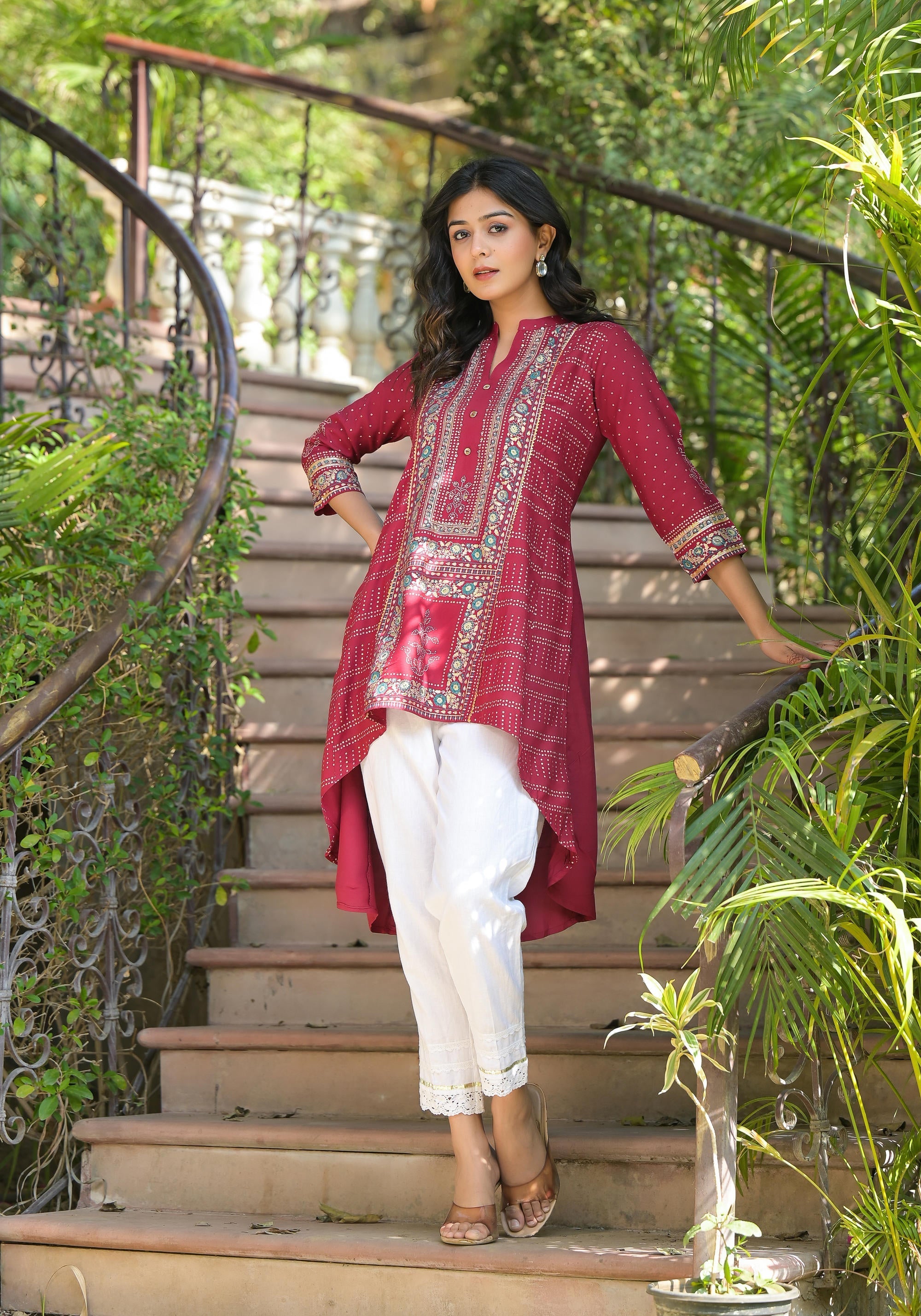 Maroon Bandhani Printed Liva Rayon Tunic With Sequins & Thread Work | 