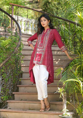 Maroon Bandhani Printed Liva Rayon Tunic With Sequins & Thread Work