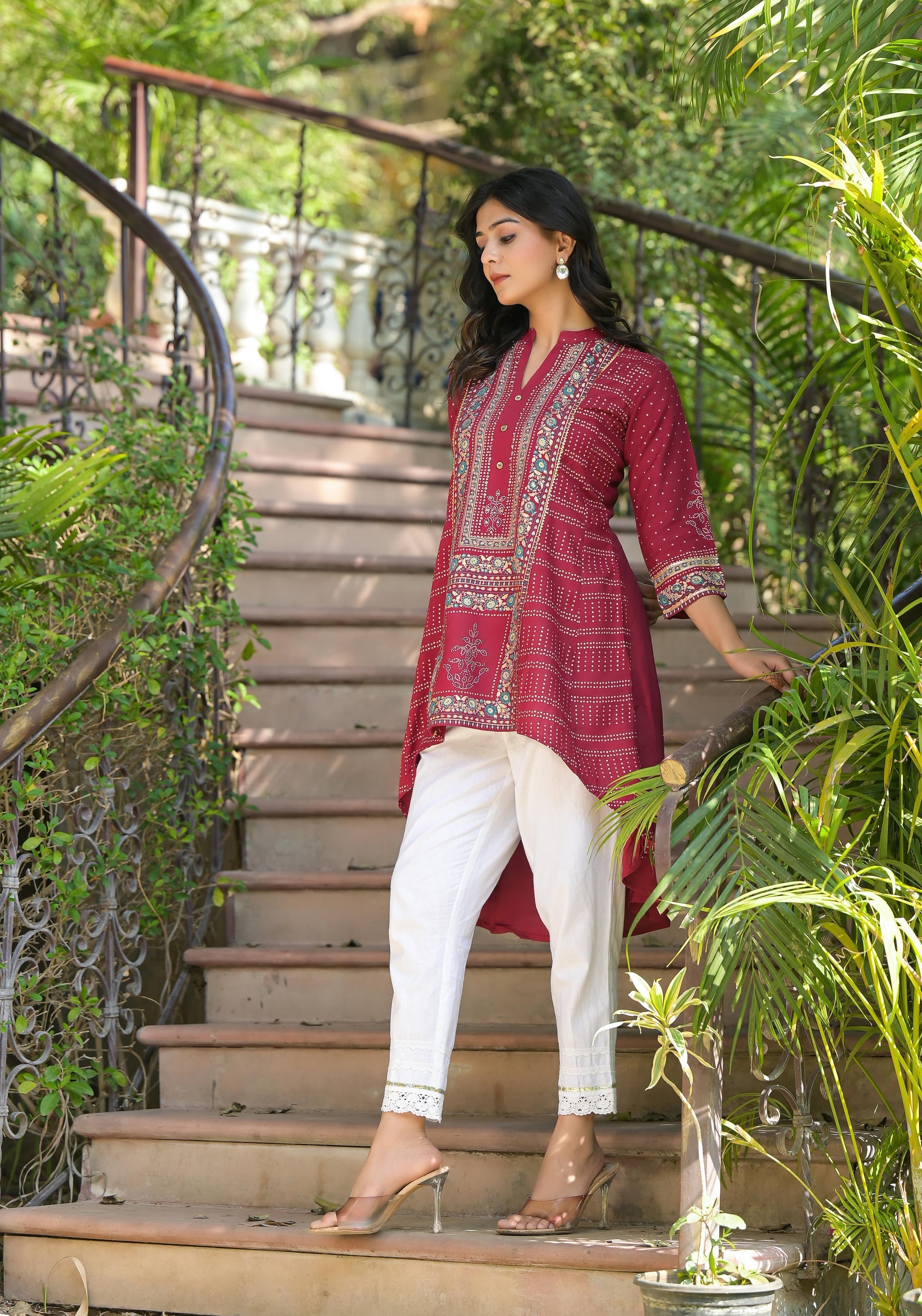 Maroon Bandhani Printed Liva Rayon Tunic With Sequins & Thread Work | 