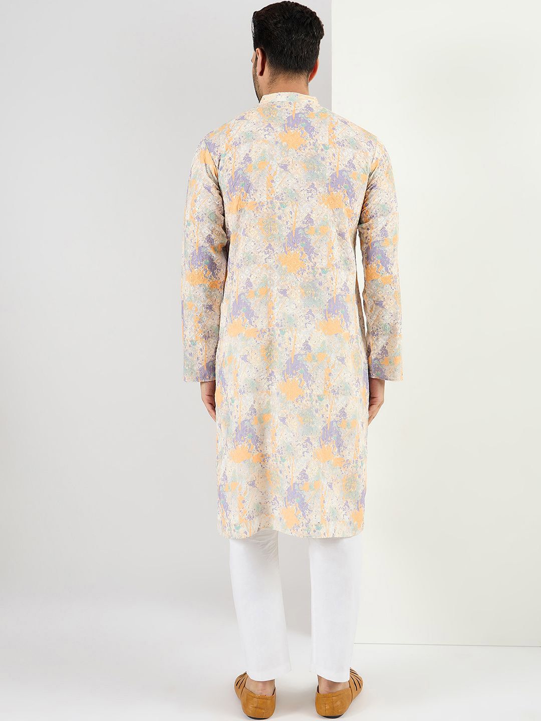 Ethnic Bay Men Off White Viscose Rayon Abstract Embroidered Straight Kurta With Pant Set-MKSET1063