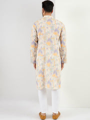 Ethnic Bay Men Off White Viscose Rayon Abstract Embroidered Straight Kurta With Pant Set-MKSET1063