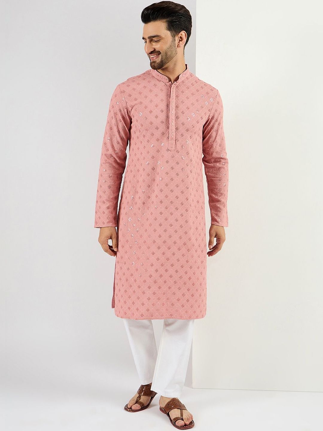 Ethnic Bay Men Pink Viscose Rayon Embroidered Straight Kurta With Pant Set-MKSET1060