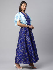 Royal Blue Poly Silk Gold Paste Printed Dress-AHDRPSGP-931-FF