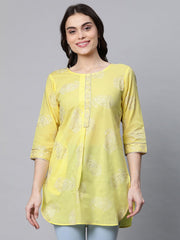 Yellow Pure Cotton Glitter Print Tunic-AHTUCORG-8074