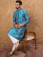 Ethnic Bay Men Blue Silk Blend Geometric Printed Straight Kurta With Pant Set-MKSET1527
