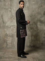 Japanese Fabric Embroidered Kurta & Korean Pants Set ( 65KP PJ11B 5596Black )