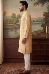 Yellow Cotton Blend Chevron Embroidered Kurta With Trouser MKSET2066