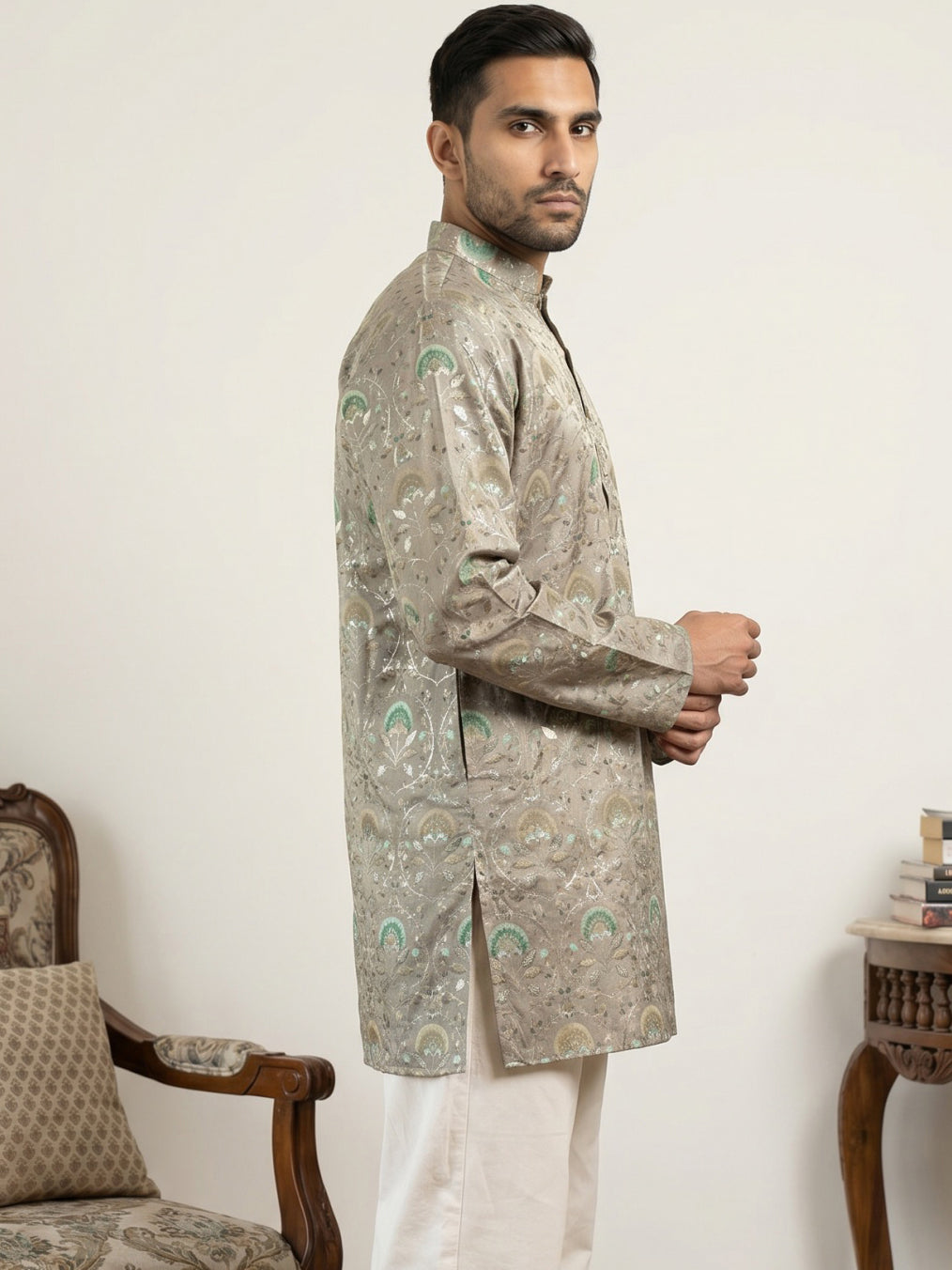 DesiQlo Men Printed Kurta Only - Grey - 65KO_5587Grey_S