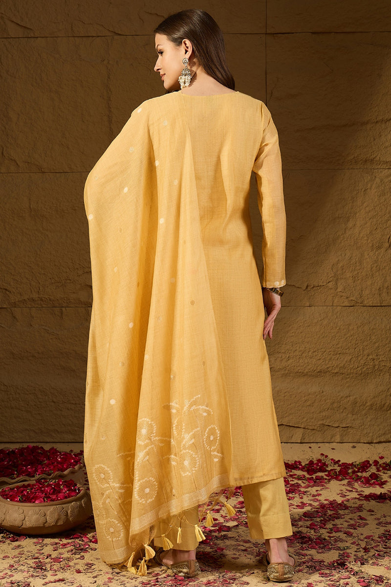 Yellow Chanderi Woven Design Straight Kurta Trouser with Dupatta PKSKD