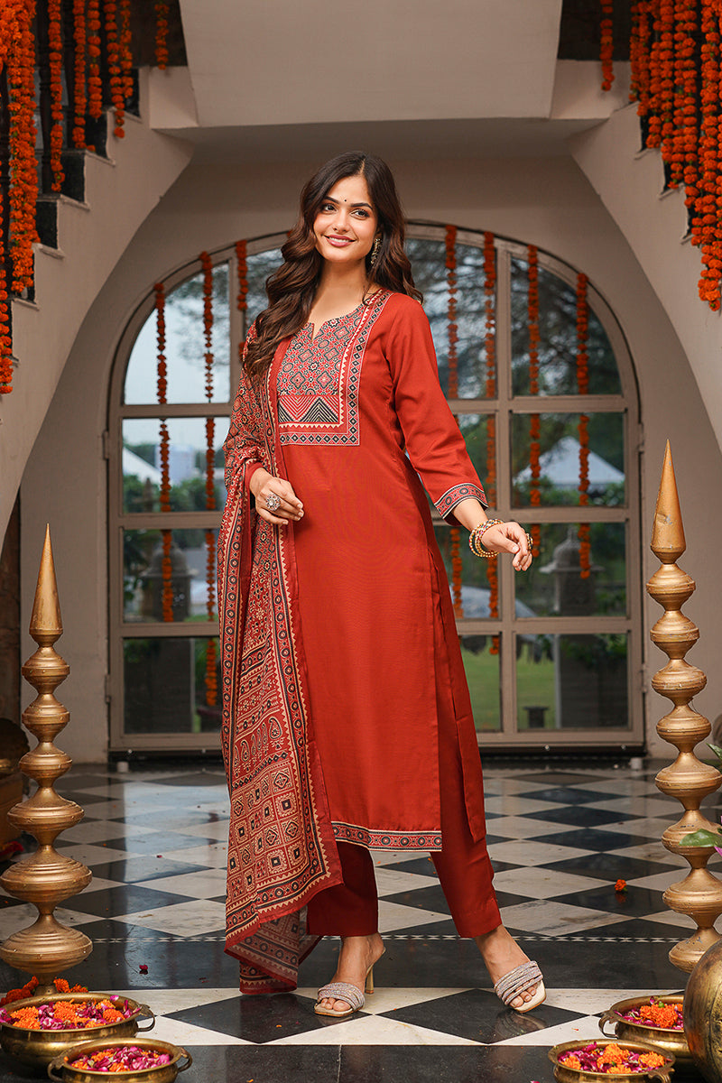 Brown Rayon Blend Ajrakh Printed Straight Kurta Trousers With Dupatta PKSKD3083