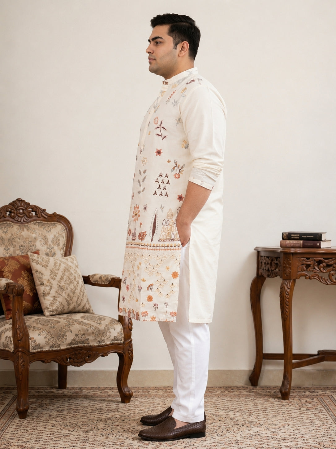 DesiQlo Men Embroidered Kurta Pyjama Set - White - JOKP_P_5140White_3X