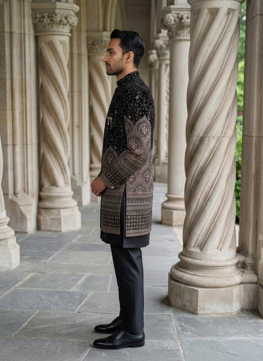 DesiQlo Men Embroidered Indo Western Set - Black - 50JIND_130Black_S
