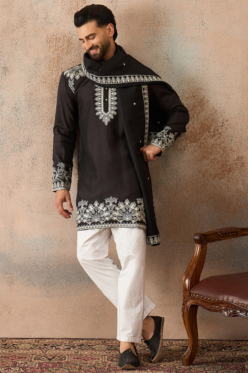 Black Silk Blend Solid Embroidered Kurta With Dupatta MKUD1012