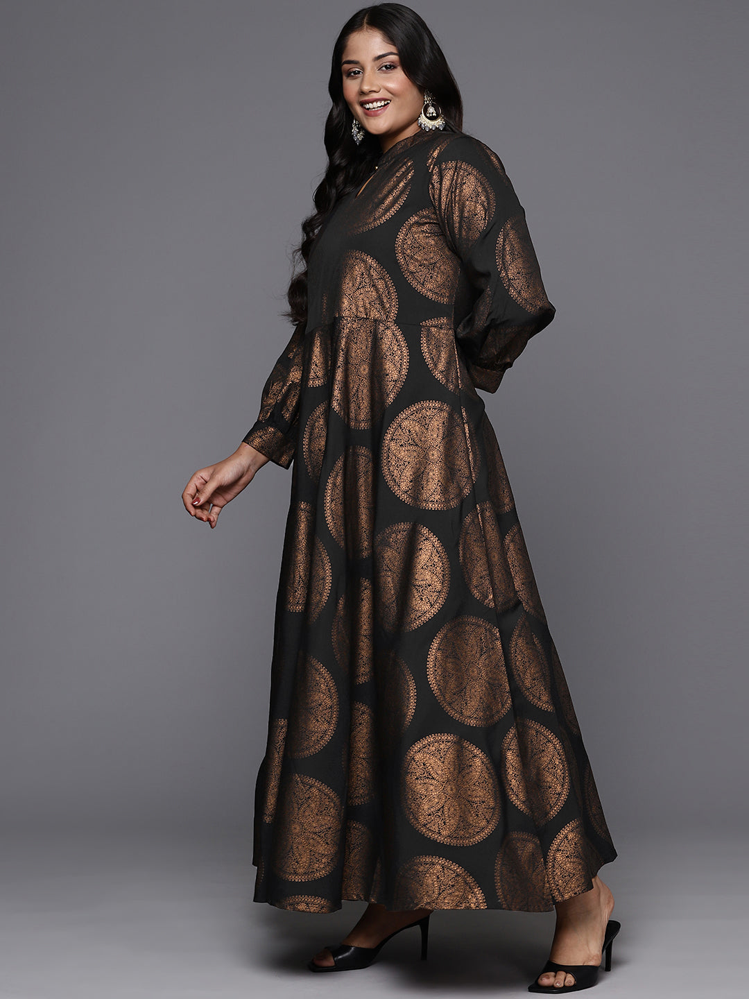 Black & Copper Plus Size Indian Maxi Dress | Printed A-Line