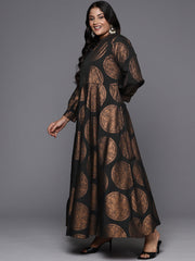 Black & Copper Printed Plus Size A-line Maxi Dress-AP-AHEDCRFP-900