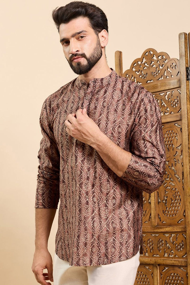 Brown Cotton Geometric Printed Straight Kurta HOPMSKU1008BWN | DesiQlo