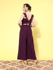 Burgundy Printed Jumpsuit with Ruffles-AHJSCRGL-59-FF
