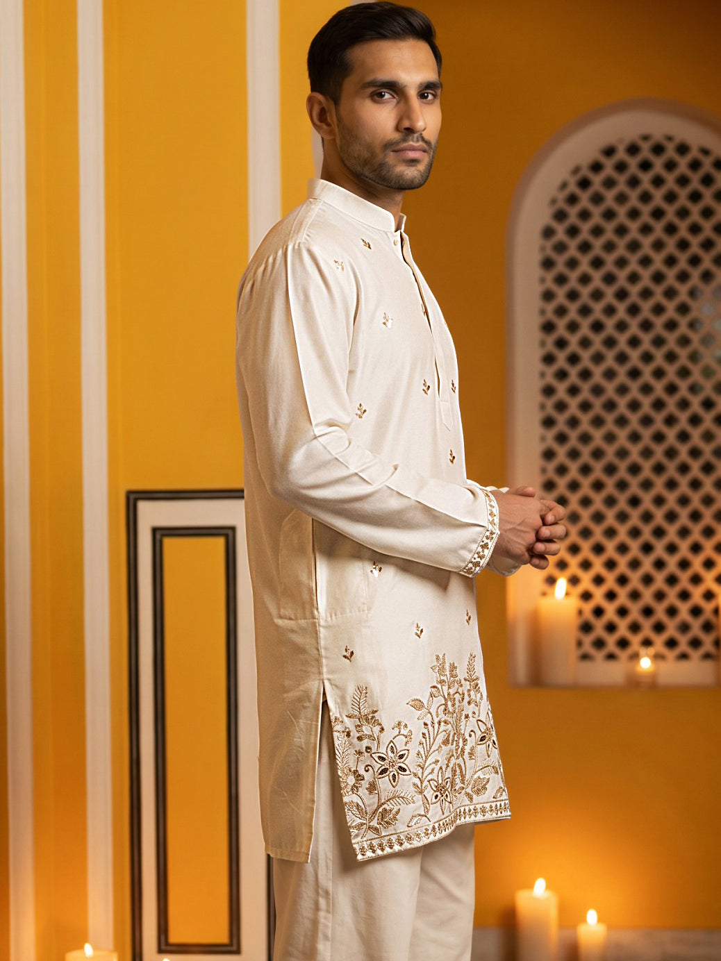 DesiQlo Men Embroidered Kurta Only - Beige - 65KO_5601Cream_S