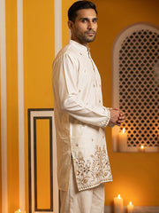 Silk Blend Embroidered Kurta for Men ( 65KO 5601Cream ) [FF] [D-1]