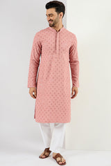 Ethnic Bay Pink Viscose Rayon Solid Embroidered Long Straight Kurta For Men MKU1060