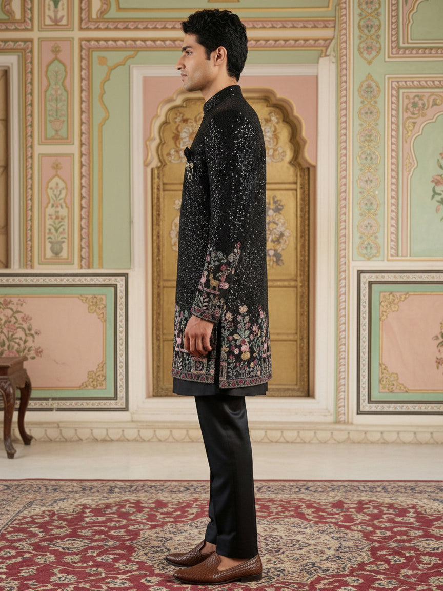 DesiQlo Men Embroidered Indo Western Set - Black - 50JIND_127Black_S