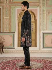 Men’s Black Heavily Embroidered Indo-Western Set ( 50JIND 127Black S )