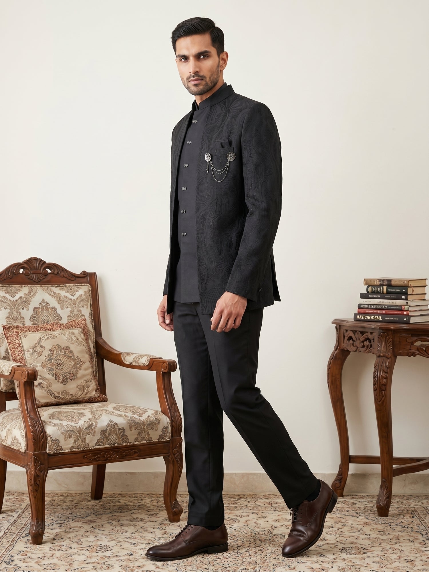 DesiQlo Men Embroidered Indo Western Set - Black - 50JIND_218Black_S
